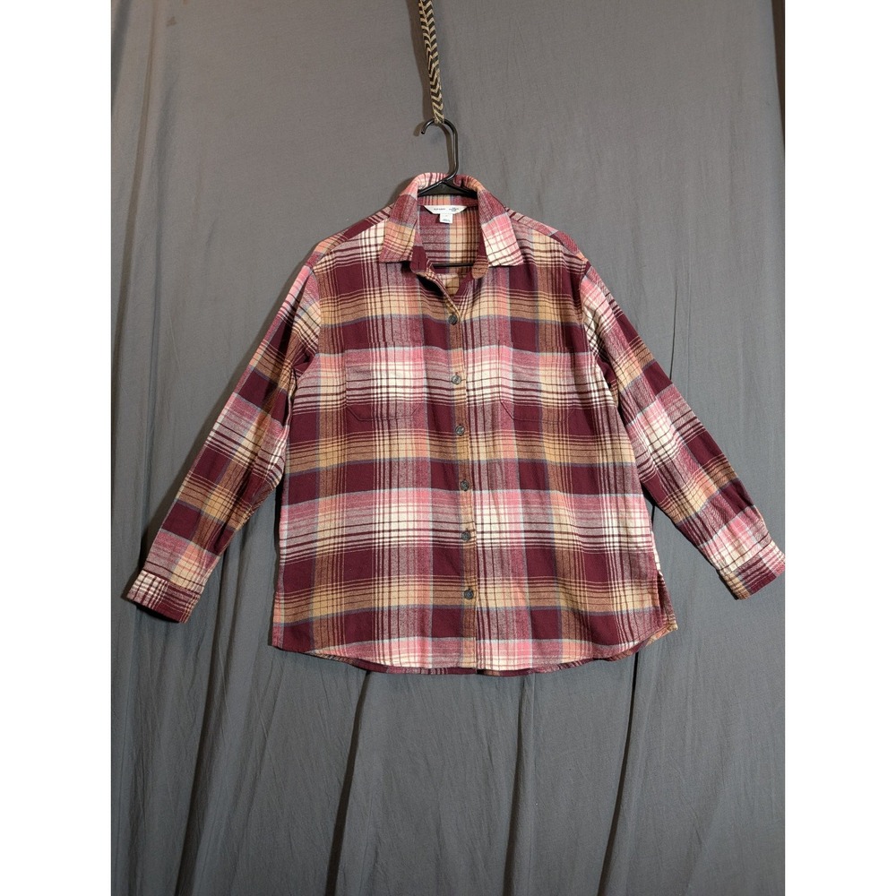 OLD NAVY Shirt Womens M Flannel Plaid Boyfriend Western Button Up Cotton Red